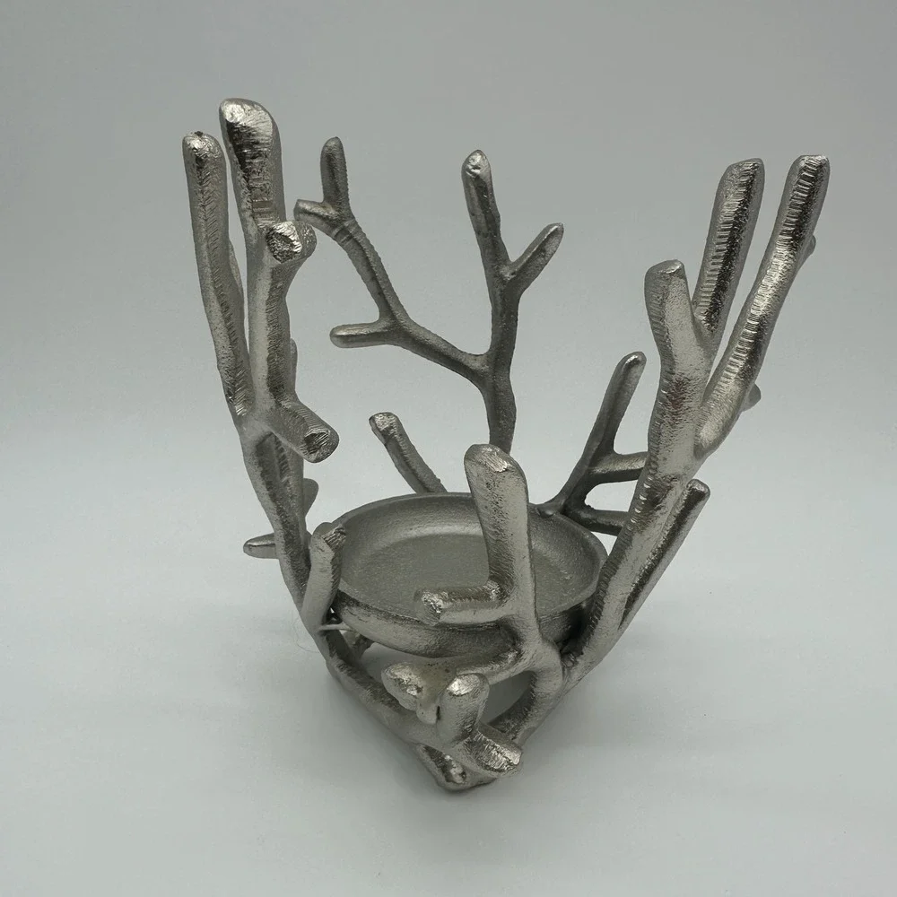 Silver Metal Branch Twig Antler Pillar Candle Holder Rustic Centerpiece 94911
